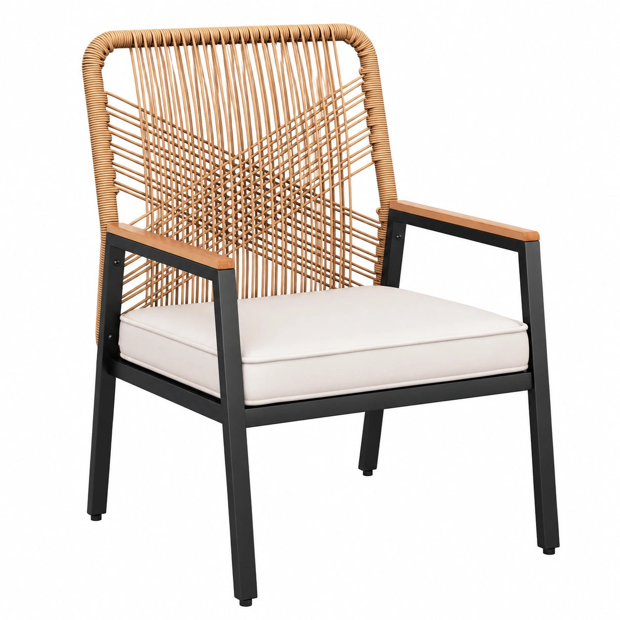 LIFERUN Rattan-Gartenstuhl, wetterfest, mit 8 cm Kissen, Metall- und PE-Rattan, 160 kg Tragkraft, WPC-Armlehnen, für Terrasse, Garten und Balkon