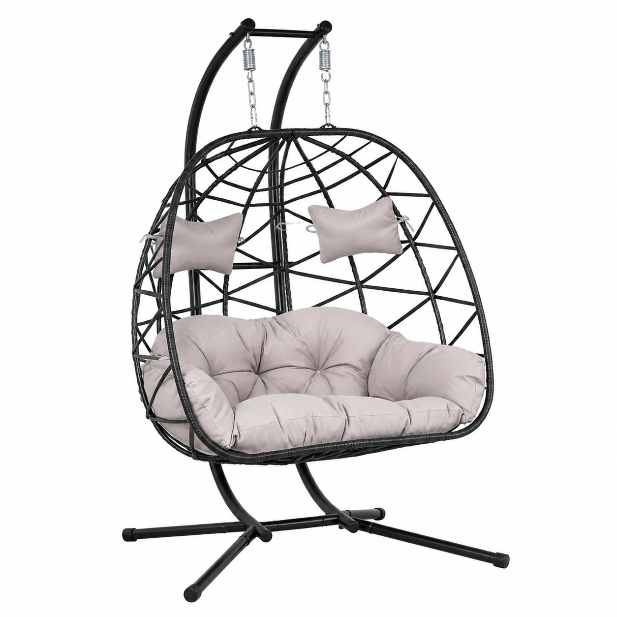 Doppel-Hängesessel aus Rattan mit Ständer und Kissen, Outdoor-Korbschaukel für Balkon und Garten, Belastbar bis 272 kg