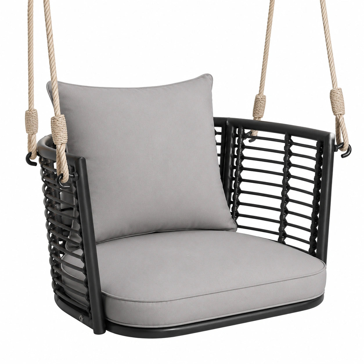 Robuster Rattan-Hängesessel für Garten und Veranda, bis 180 kg belastbar, inklusive Kissen und Metallrahmen, in Grau