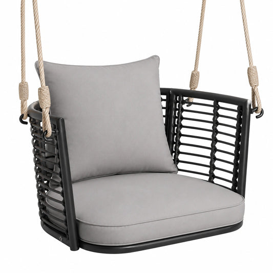 Robuster Rattan-Hängesessel für Garten und Veranda, bis 180 kg belastbar, inklusive Kissen und Metallrahmen, in Grau