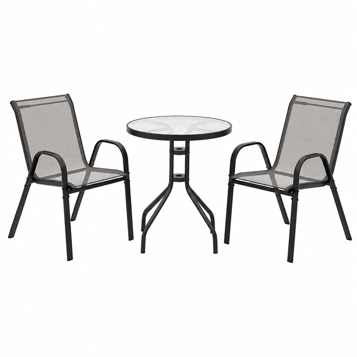 GOPLUS 3-teiliges Bistro-Set: Stapelbare Balkonmöbel mit Glastisch und Stühlen, Outdoor Sitzgruppe für Garten und Balkon (Grau)