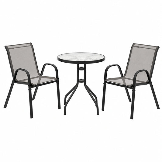 GOPLUS 3-teiliges Bistro-Set: Stapelbare Balkonmöbel mit Glastisch und Stühlen, Outdoor Sitzgruppe für Garten und Balkon (Grau)