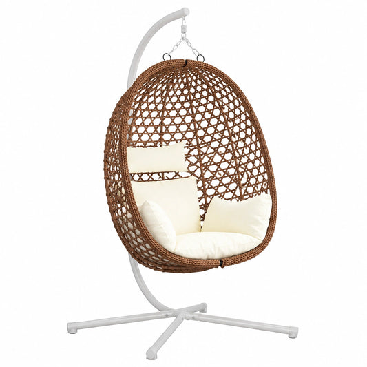 Moderner Rattan-Hängesessel, wetterfest, oval, Creme/Kaffee, für Wohnzimmer
