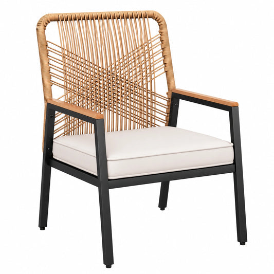 LIFERUN Rattan-Gartenstuhl, wetterfest, mit 8 cm Kissen, Metall- und PE-Rattan, 160 kg Tragkraft, WPC-Armlehnen, für Terrasse, Garten und Balkon