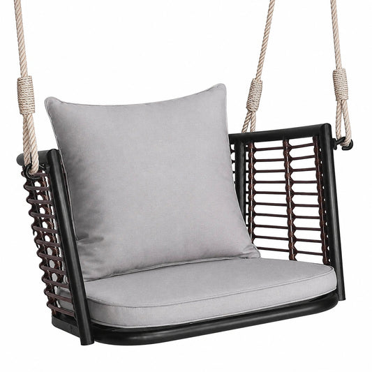 Luxus Hängesessel für Draußen aus Rattan mit Metallrahmen, Komfortabler Hängestuhl mit gepolsterten Sitz- und Rückenkissen, Belastbar bis 180kg