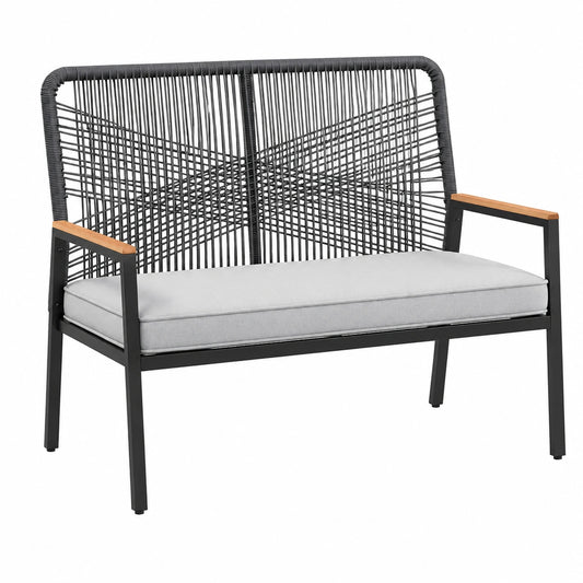 Clevich Rattan Gartenstuhl mit Dickem Sitzkissen, Robuster Metallrahmen & WPC Armlehne, Ideal für Terrasse und Balkon, Grau