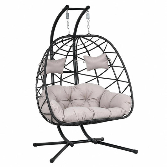 Doppel-Hängesessel aus Rattan mit Ständer und Kissen, Outdoor-Korbschaukel für Balkon und Garten, Belastbar bis 272 kg