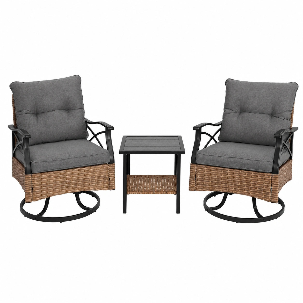 3-teiliges Rattan Balkonset: Drehstühle und Tisch, Grau