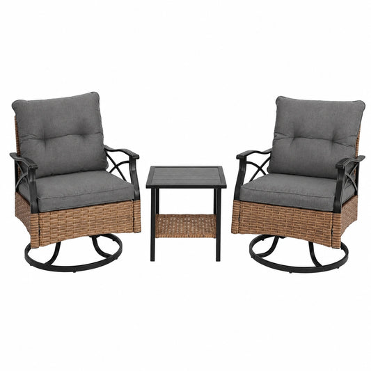 3-teiliges Rattan Balkonset: Drehstühle und Tisch, Grau