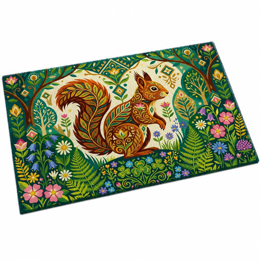 Waschbare Eichhörnchen Fußmatte, Frühlingsgrün mit Blumen und Blättern, flach, 73x43 cm