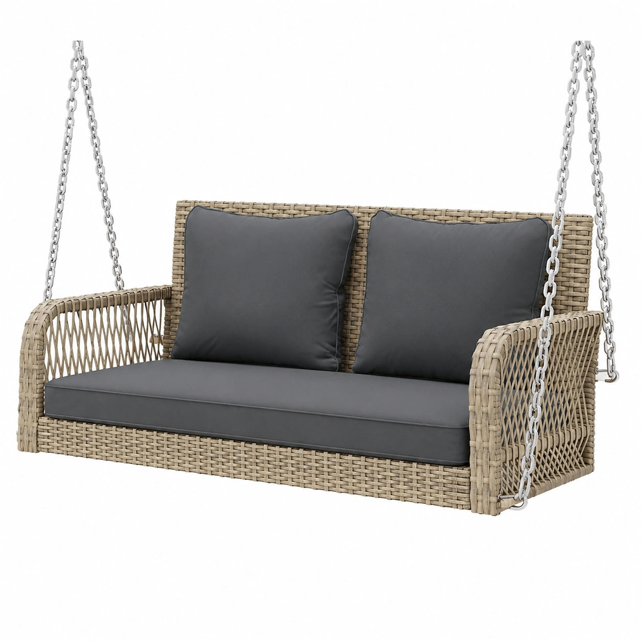 Merax 2-Personen Hängeschaukel aus PE-Rattan mit Sitzkissen, Gartenbank für Balkon, Veranda und Garten, bis 320kg belastbar, Beige und Grau